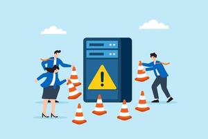 Flat illustration of three people placing warning cones around server security perimeter to prevent cyber threats with encrypted barriers vector