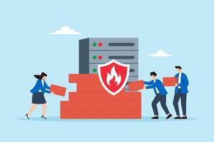 Flat illustration of people building firewall brick wall to secure server and prevent hacking and data breaches vector