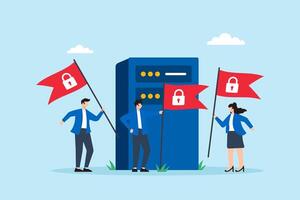 Flat illustration of people raising red security flags around server to mark protected cyber zone against digital threats vector