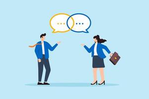 Flat illustration of businessman and businesswoman having conversation with linked speech bubbles effective communication and mutual understanding in business vector