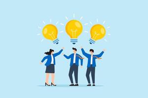 Flat illustration of business people sharing and celebrating ideas with glowing light bulbs teamwork creativity brainstorming meeting thinking innovation and knowledge in workplace vector