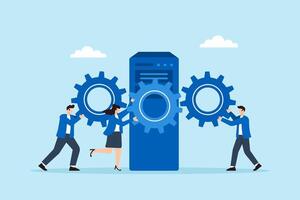 Flat illustration of three people assembling gear system around server to operate secure network using cybersecurity protocols vector