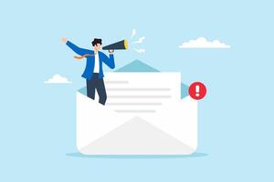 Flat illustration of businessman announcing message using megaphone standing inside open envelope with notification badge email marketing or important communication alert vector