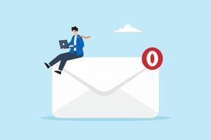 Flat illustration of businessman working with laptop on email envelope zero notification badge inbox management efficiency digital productivity and categorize information vector
