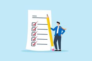 Flat illustration of businessman completing checklist with big pencil task management productivity planning organization and goal setting in business or personal life vector