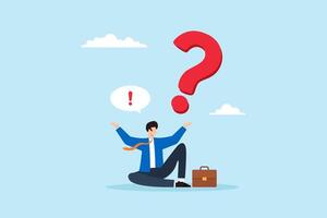 Flat illustration of businessman sitting with giant question mark and exclamation bubble decision to solve problem curiosity finding answers and new ideas vector