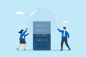 Flat illustration of two people securing server under glass dome to prevent cyber threats and ensure data protection vector