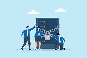 Flat illustration of three people wrapping server with chain links padlock for data encryption and network security vector