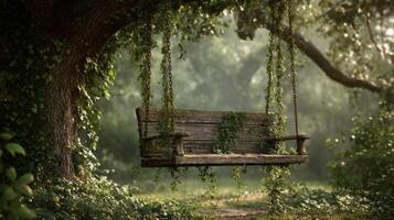 A swing hanging from a tree in the middle of a forest photo