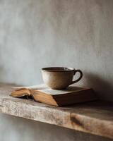 Coffee cup and book on wooden shelf photo