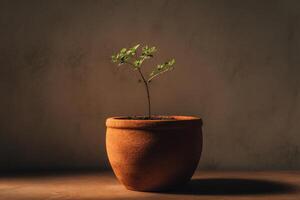 A small plant in a clay pot on a table photo