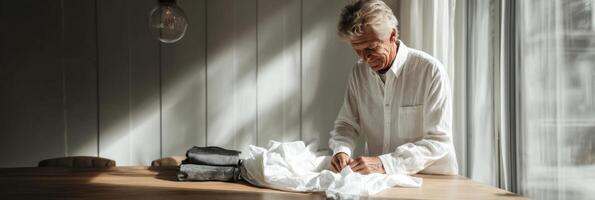 An older man is folding clothes on a table photo