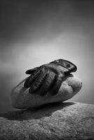 Black and white photograph of a glove on a rock photo