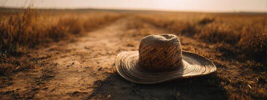 A cowboy hat sits on the ground in a field photo