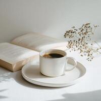 Coffee and book on white table photo