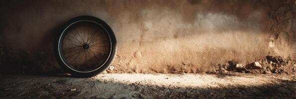 A bicycle wheel is leaning against a wall photo