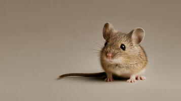 A small mouse is standing on a gray background photo