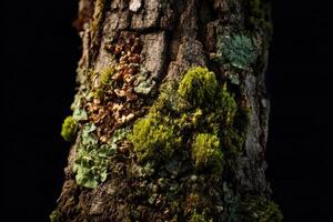A close up of a tree trunk with moss photo