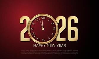 2026 happy new year greeting card template design with golden number and clock illustration. vector