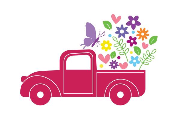 Delivering Spring One Bloom at a Time Lettering with a Vehicle-Loaded Flowers, Leaves, and Butterflies. Summer Spring Theme.