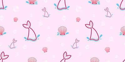 Cute Mermaid Tail and Shell in a Seamless Pattern with Bubble, Pink Theme vector