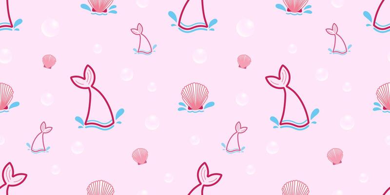 Cute Mermaid Tail and Shell in a Seamless Pattern with Bubble, Pink Theme