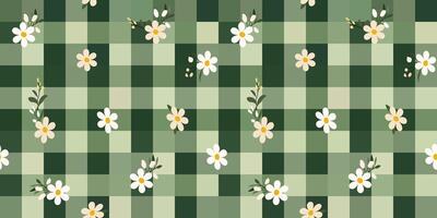 Cute Grid Green Palette Color Aesthetic Spring with Flower Wallpaper. Green Color Checker Seamless Pattern. vector