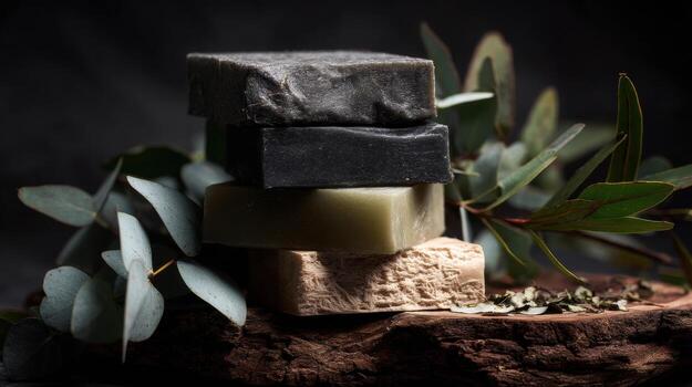 Three different types of soap on a wooden block photo