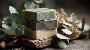 Three soap bars stacked on a wooden log photo
