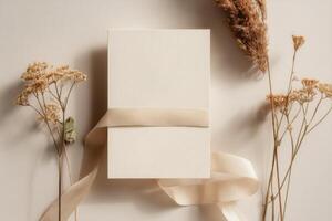 Blank white card with ribbon and dried flowers on a white background photo