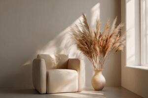 A chair and vase of pampas grass in a room photo