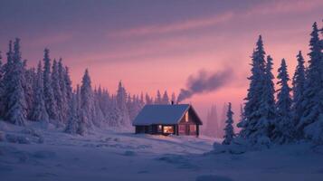 A cabin in the snow with a red sky photo