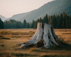 A tree stump in a field with mountains in the background photo