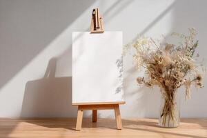 Mock up of a blank canvas on a wooden easel photo