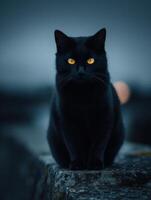 A black cat with yellow eyes sitting photo