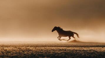 A horse running in the fog on a field photo