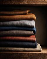 A stack of folded clothes in a wooden shelf photo