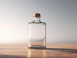 Empty glass bottle on wooden table with blurred background photo