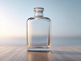 Empty glass bottle on wooden table with blue sky background photo