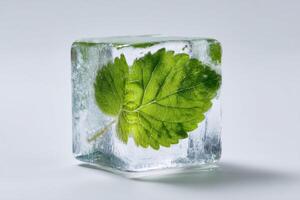 A green leaf is sitting in an ice cube photo