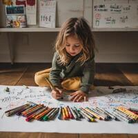 A little girl drawing on a large piece of paper with crayons photo
