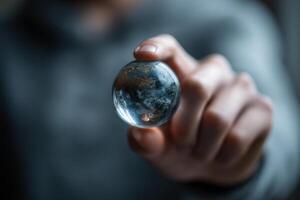 A person holding a glass globe with a planet in the middle photo