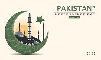 Pakistan Independence Day Template. Crescent moon with historical building. Copy space area vector