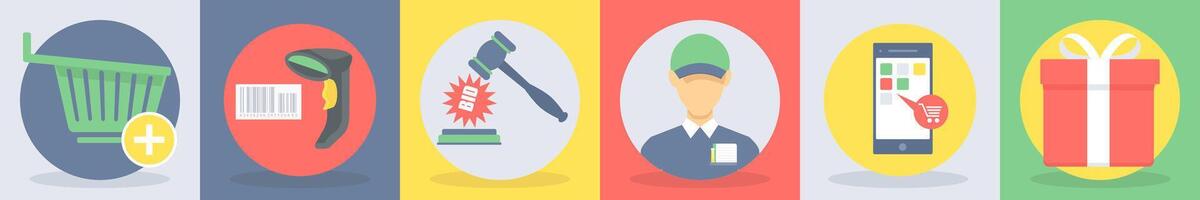 Six shopping icons as add to cart, scan bar code vector