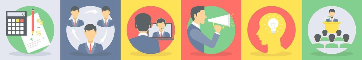 Six business icons as budget calculation, work cycle vector