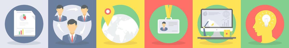 Six business icons as report, analysis, work cycle vector