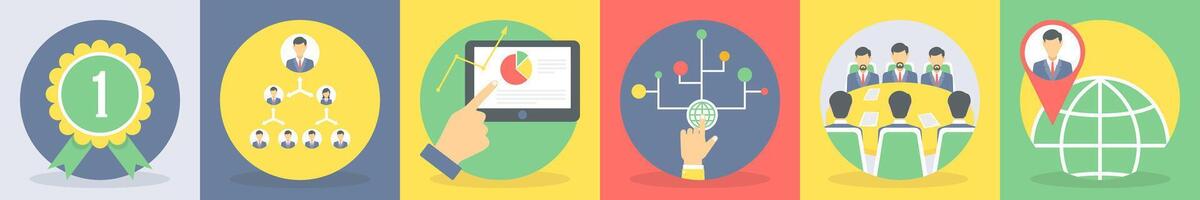 Six business icons as badge, hierarchy, business analysis vector