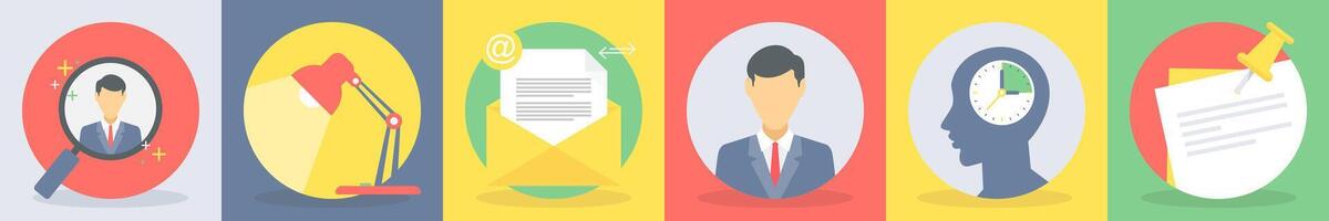 Six business icons as search client, table lamp vector