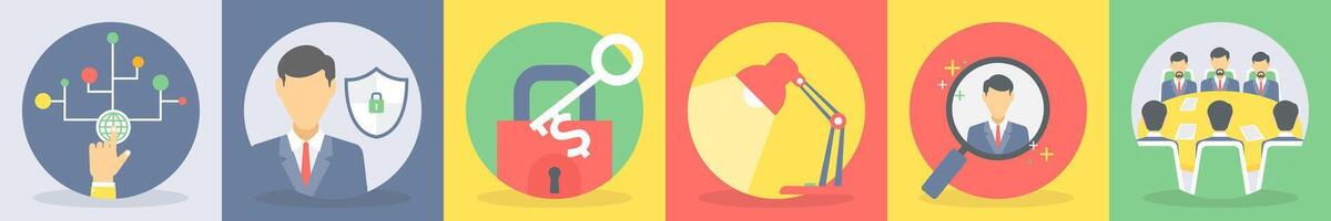 Six business icons as global network, security administrator vector