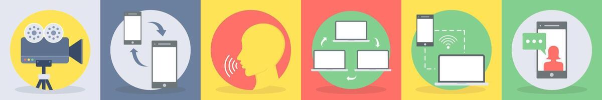 Six communication icons as camera, data transfer vector